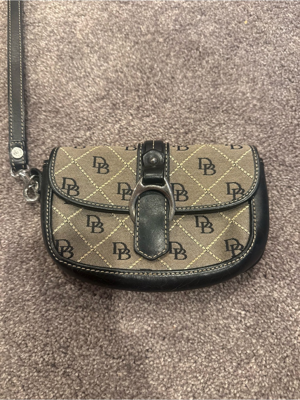 Dooney & Bourke Brown Monogram Mini Wristlet with Black Trim